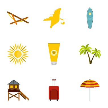 Miami Icons set, düz stil tatil