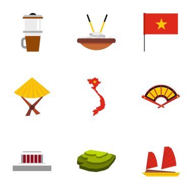 Vietnam Icons set, düz stil turizm