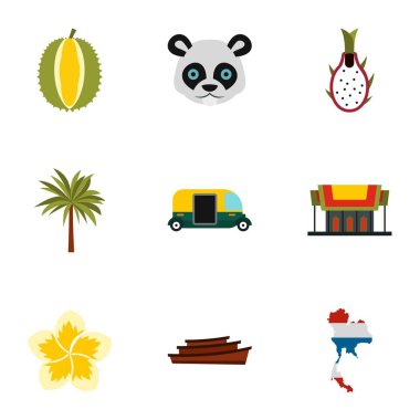 Tayland Icons set, düz stil tatil