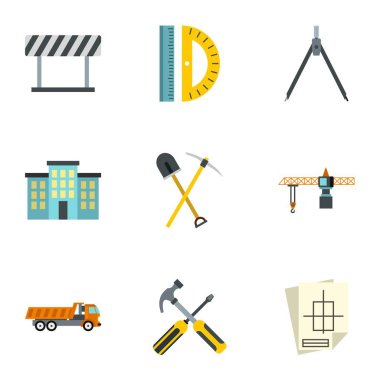 İnşaat araçları simgeler ayarla, stil düz