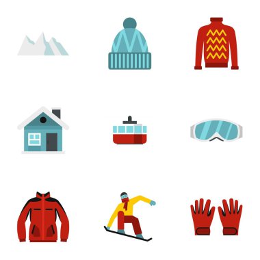 Snowboard Icons set, düz stil