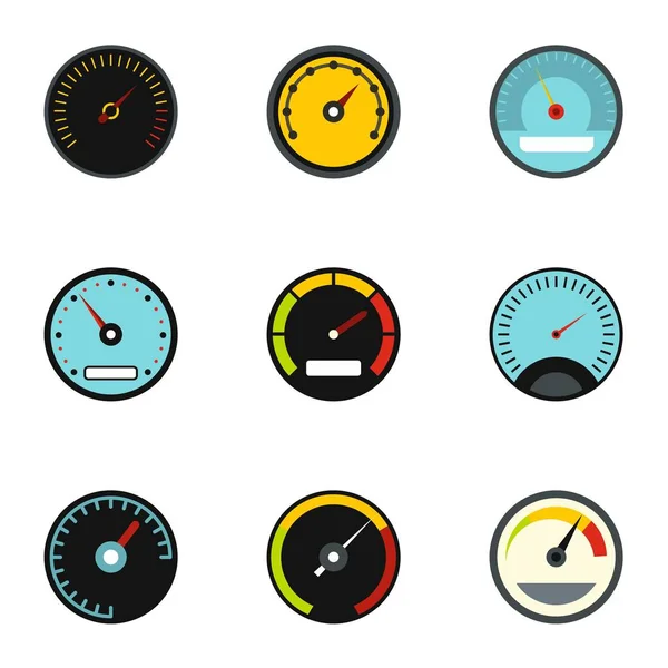 Types of speedometers icons set, flat style — Stock Vector