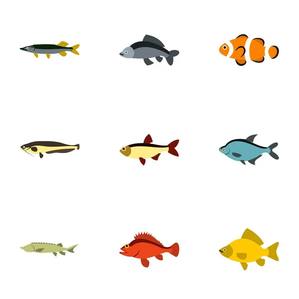 Espécies de conjunto de ícones de peixe, estilo plano — Vetor de Stock