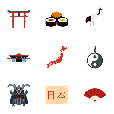 Japonya Icons set, düz stil turizm