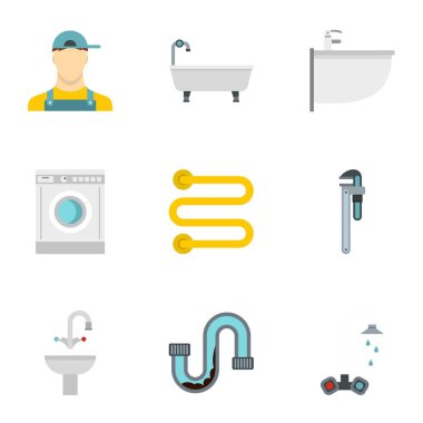Banyo Icons set, düz stil için donatım