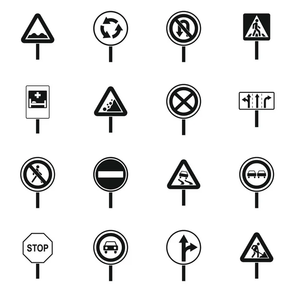 Verschiedene Verkehrsschilder Icons gesetzt, einfacher Stil — Stockvektor
