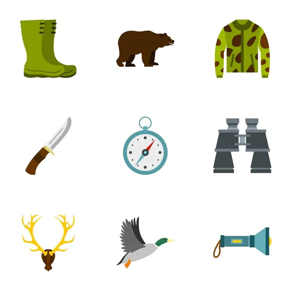 Hunting in forest icons set, flat style