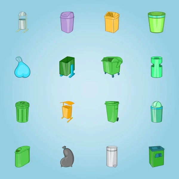 Conjunto de iconos de latas de basura, estilo de dibujos animados — Vector de stock