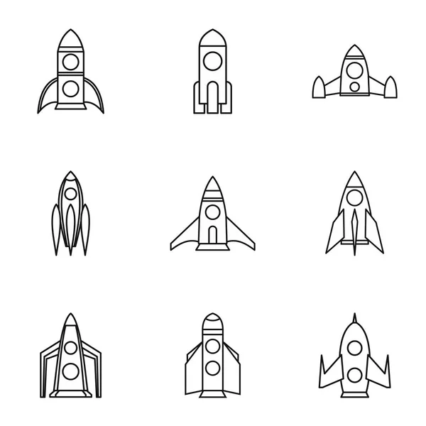 Conjunto de iconos de cohetes espaciales, estilo de contorno — Vector de stock
