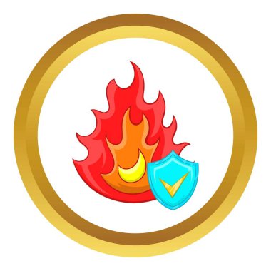 Kene vektör simgesi ile yangın ve gökyüzü mavi kalkan