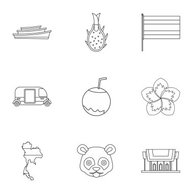 Turizm Tayland Icons set, anahat stili