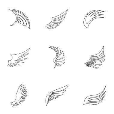 Tüy kanat Icons set, anahat stili