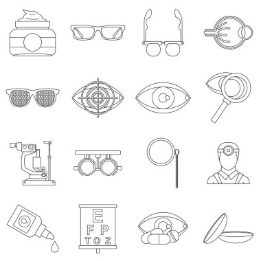 Göz doktoru araçları Icons set, anahat stili