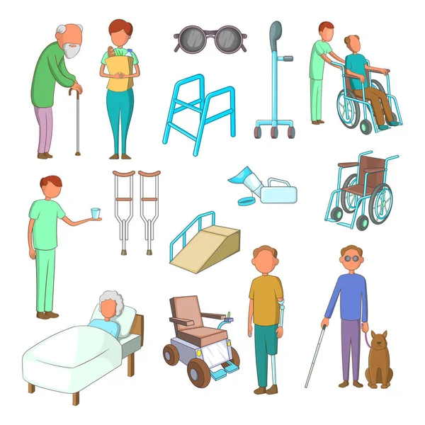 Personas con discapacidad cuidado iconos conjunto, estilo de dibujos animados — Vector de stock