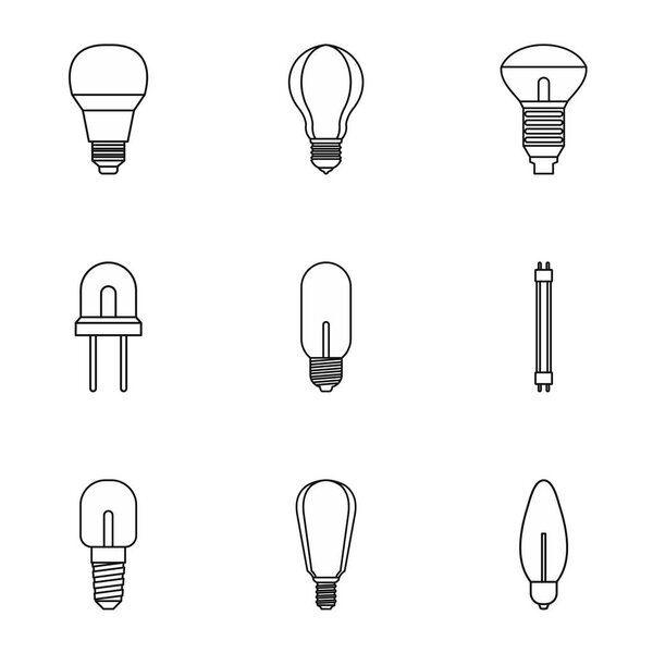 Types of lamps icons set, outline style