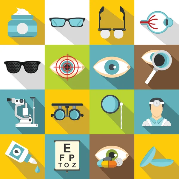 Ensemble d'icônes d'outils d'ophtalmologiste, style plat — Image vectorielle