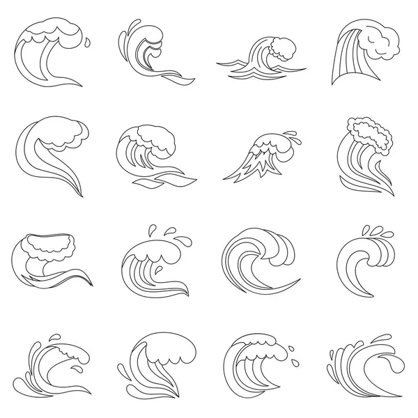Meereswellen-Symbole setzen, Stil umreißen — Stockvektor