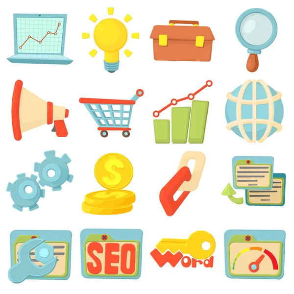 SEO iconen set, cartoon stijl — Stockvector