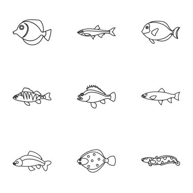 Okyanus balık Icons set, anahat stili