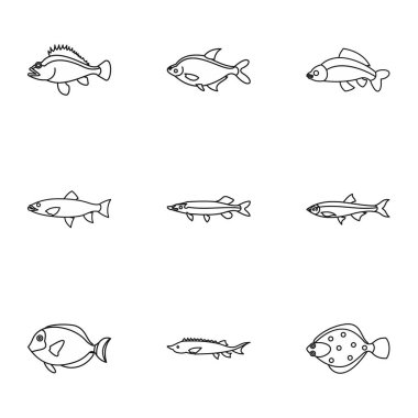 Deniz balıkları Icons set, anahat stili