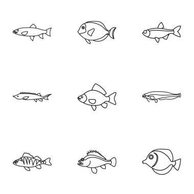 Nehir balık Icons set, anahat stili