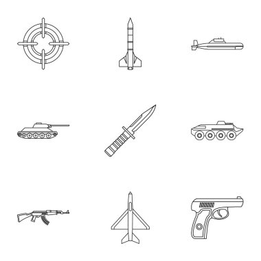 Askeri silah Icons set, anahat stili