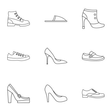 Ayakkabı Icons set, anahat stili türleri