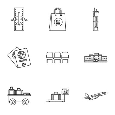 Uçak Icons set üzerinde uçan, anahat stili