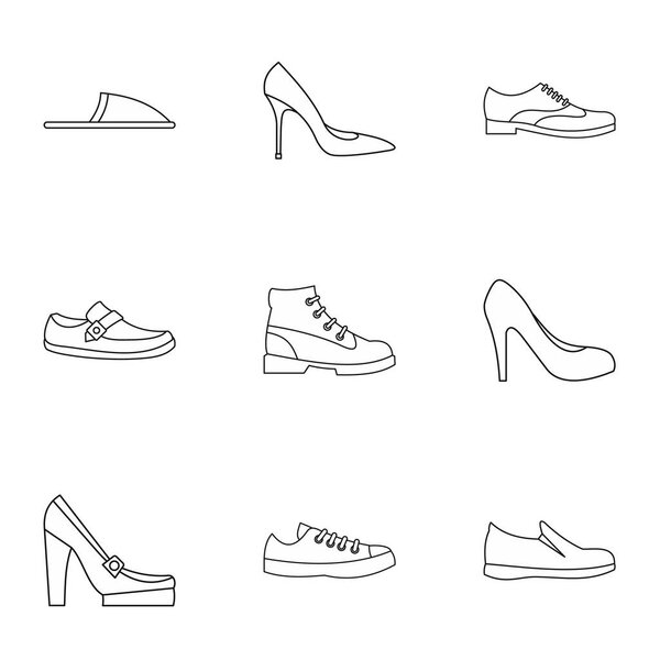 Footwear icons set, outline style