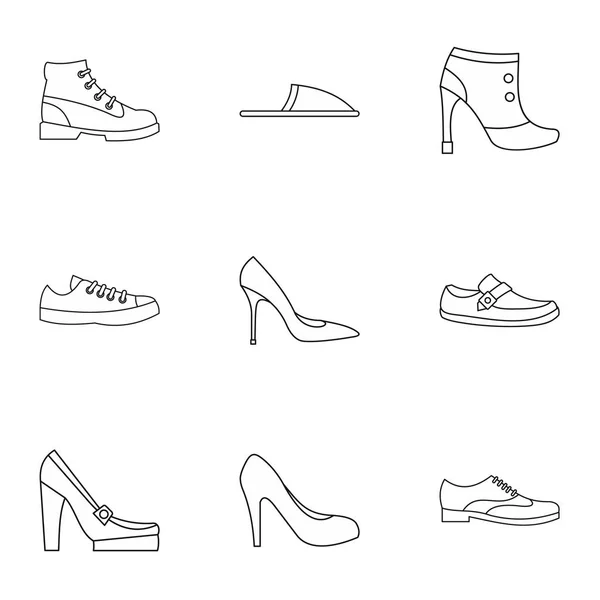 Types de chaussures icônes ensemble, style contour — Image vectorielle