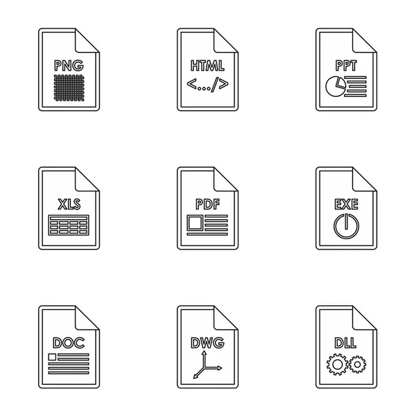 Kind of files icons set, outline style — Stock Vector