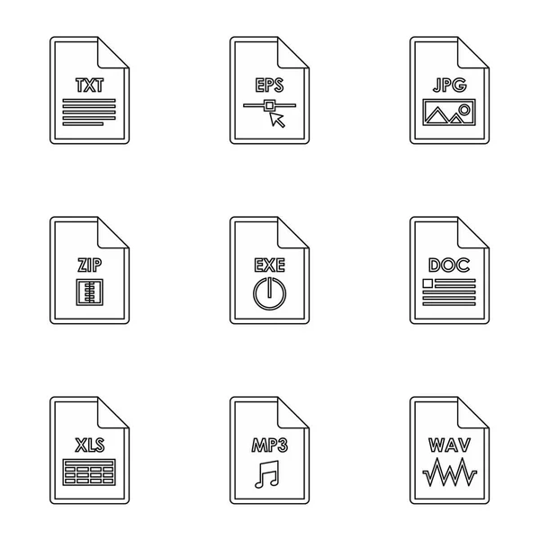 Tipos de conjuntos de iconos de archivos, estilo de esquema — Vector de stock
