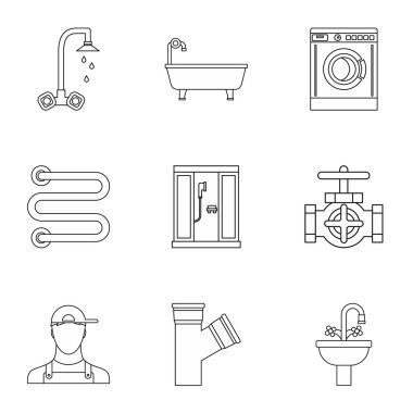 Sıhhi tesisat Icons set, anahat stili