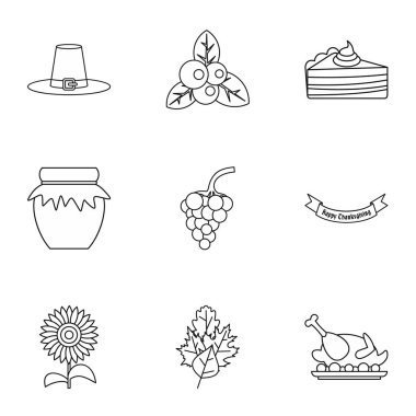 Şükran günü Icons set, anahat stili