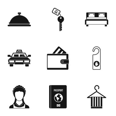 Hostel konaklama Icons set, basit tarzı