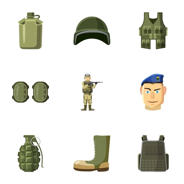Обладнання для військових іконок, мультиплікаційний стиль — стоковий вектор