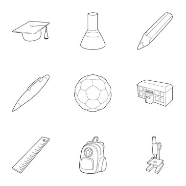 Okul binası Icons set, anahat stili