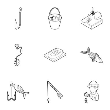 Icons set Balık tutma, anahat stili