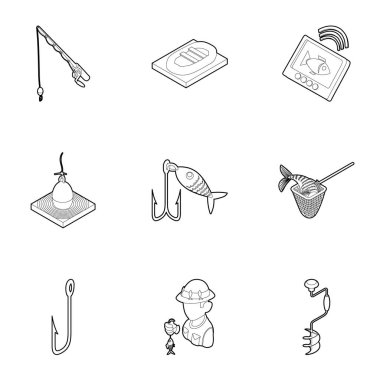 Balıkçılık Icons set, anahat stili