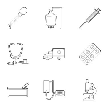 Araştırma ve ilk yardım Icons set, anahat stili