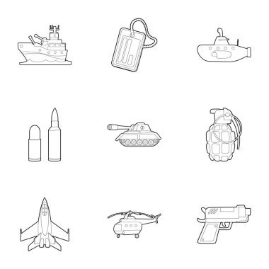 Askeri silah Icons set, anahat stili