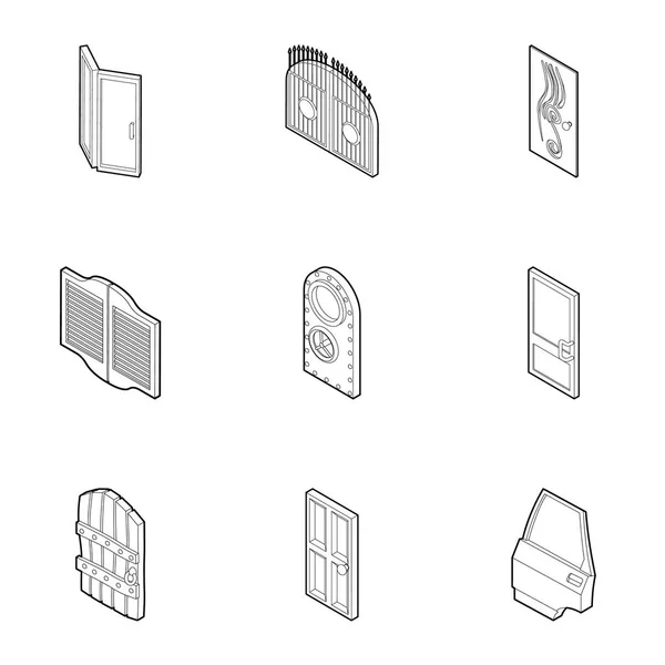 Typy dveří ikony sady, styl osnovy — Stockový vektor