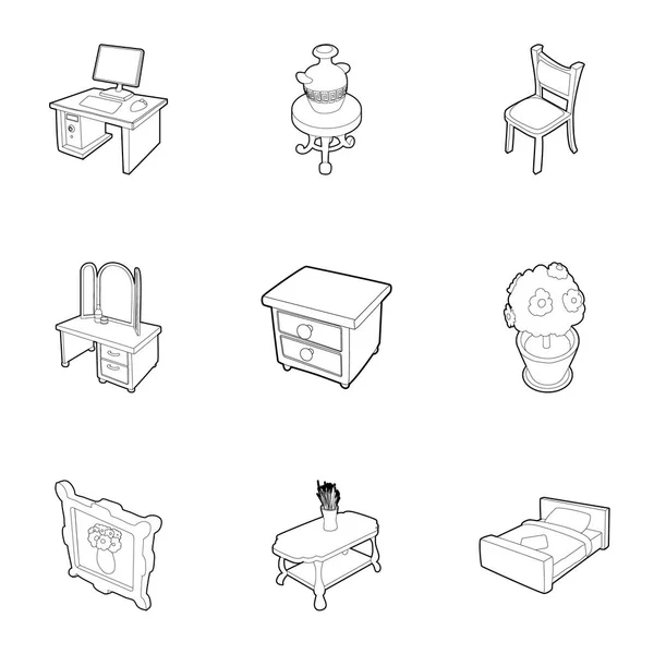 Tipo de conjunto de iconos de muebles, estilo de contorno — Vector de stock