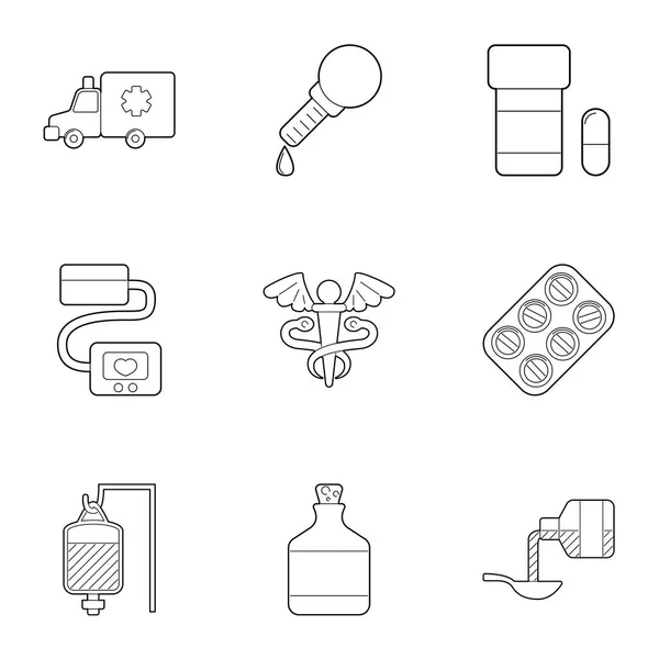 Tratamiento del conjunto de iconos de pacientes, estilo de esquema — Archivo Imágenes Vectoriales