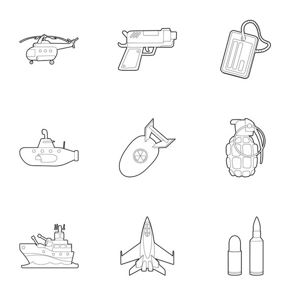 Набор иконок армейского оружия, стиль набросков
