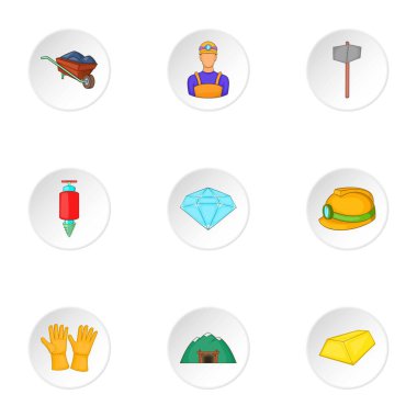 Kömür madenciliği Icons set, karikatür tarzı