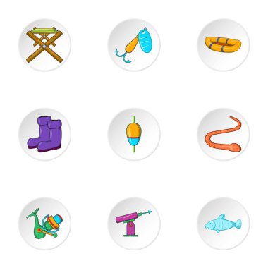 Icons set olta balıkçılığı, karikatür tarzı