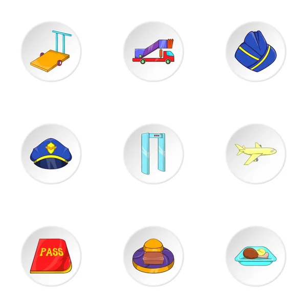 Airport check-in icons set, cartoon style