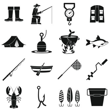 Balık tutma araçları Icons set, basit tarzı