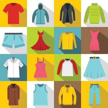 Farklı kıyafetler Icons set, düz stil